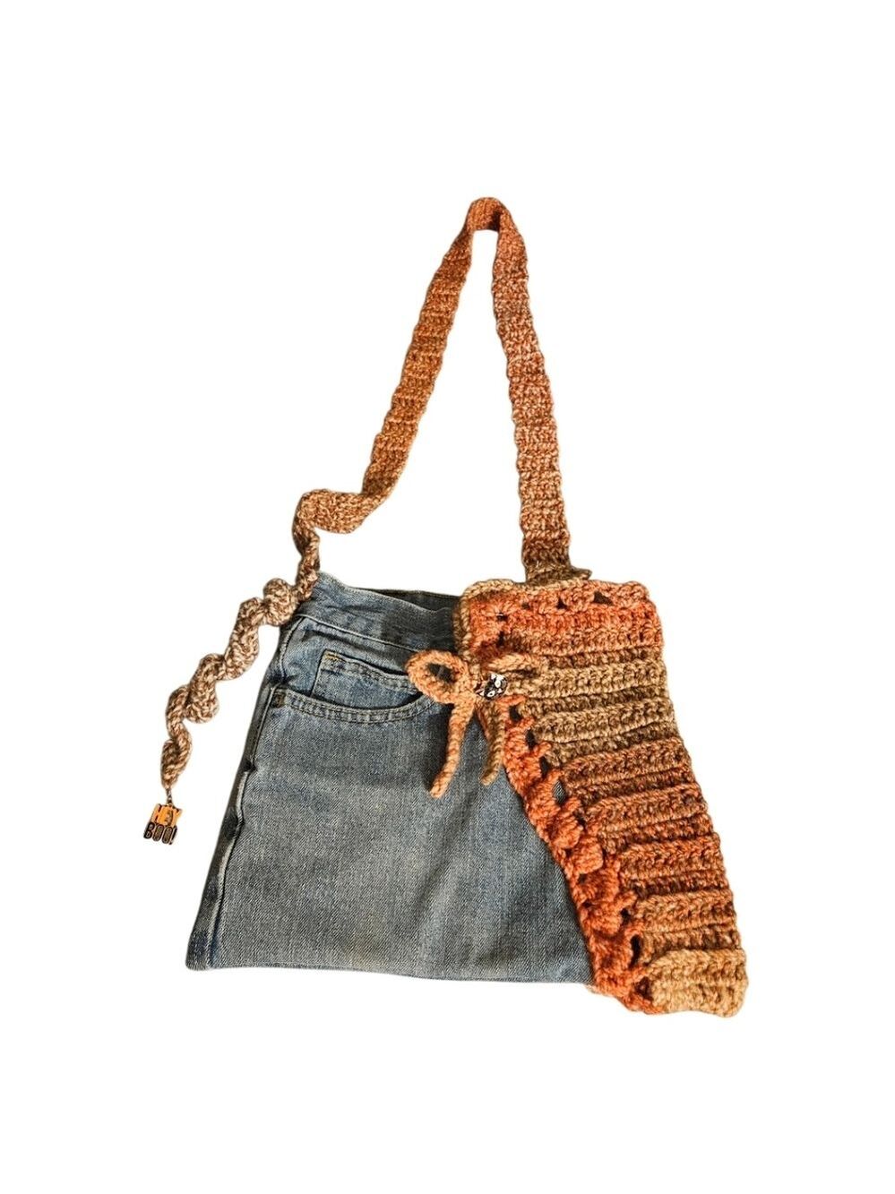 Handmade Upcycled Denim Crochet Crossbody Bag Eco Friendly Fall Purse